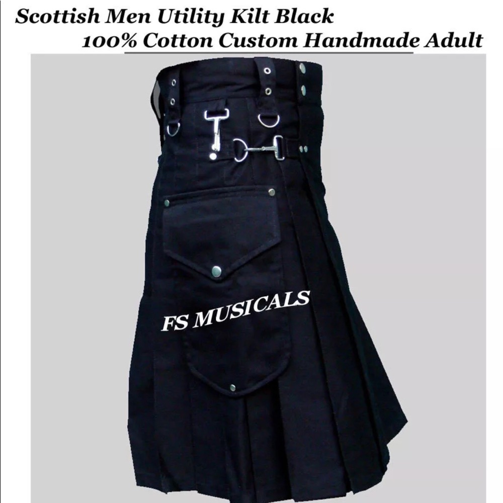 Scottish Men Utility Kilt Black 100% Cotton - Picture 1 of 4
